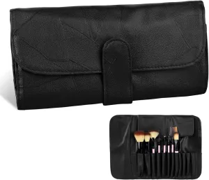 Makeup Brush Roll Up Organizer Bag Black Make Up Brush Travel Pouch, PU Leather Make up Brush Travel Case, Cosmetic Bags Holder for Women, Can Hold 12 Pockets Cosmetics Brushes