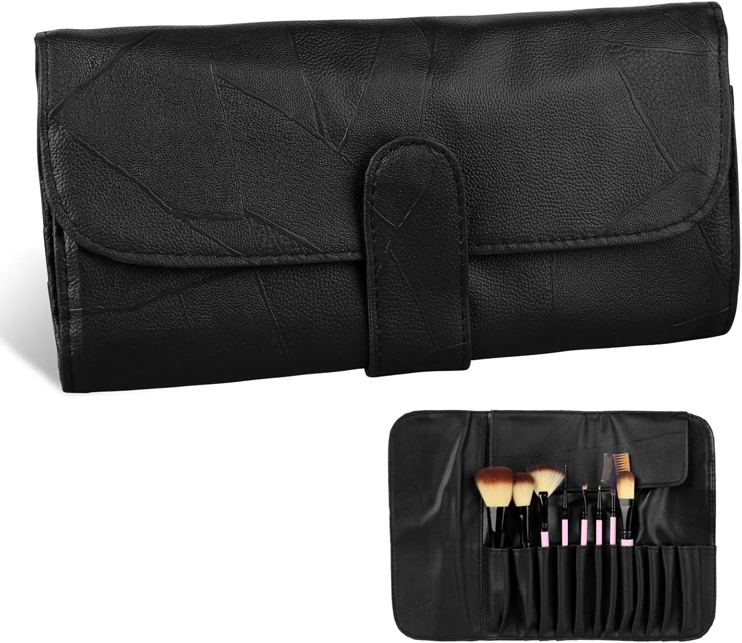 Makeup Brush Roll Up Organizer Bag Black Make Up Brush Travel Pouch, PU Leather Make up Brush Travel Case, Cosmetic Bags Holder for Women, Can Hold 12 Pockets Cosmetics Brushes