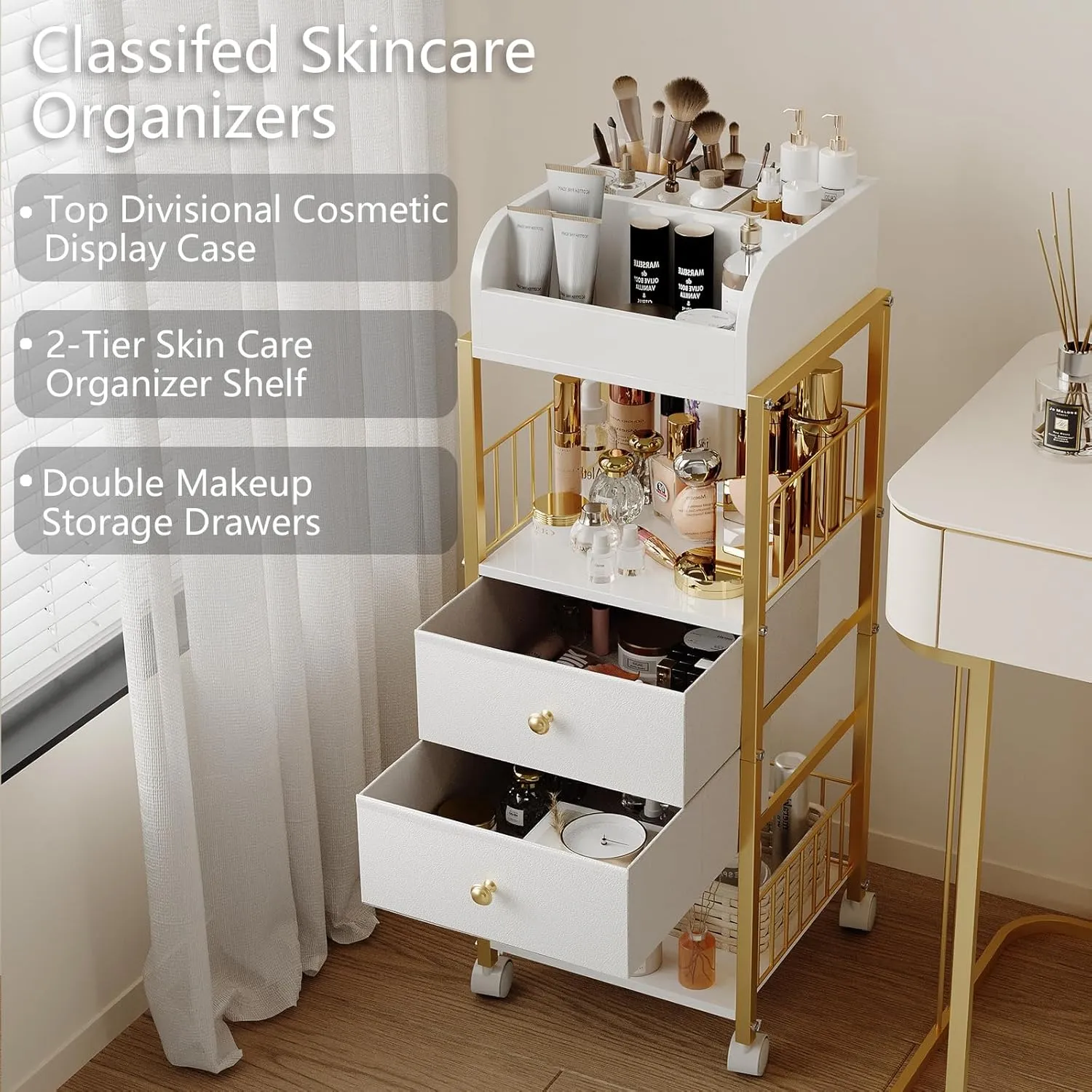 Makeup Organizer Storage Cart, Large Skincare organizers, Makeup Stand with Drawers, Makeup Vanity Organizer Cosmetics Display Cases Holder for Skin Care Nail Polish Perfume Makeup Brush (Gold)