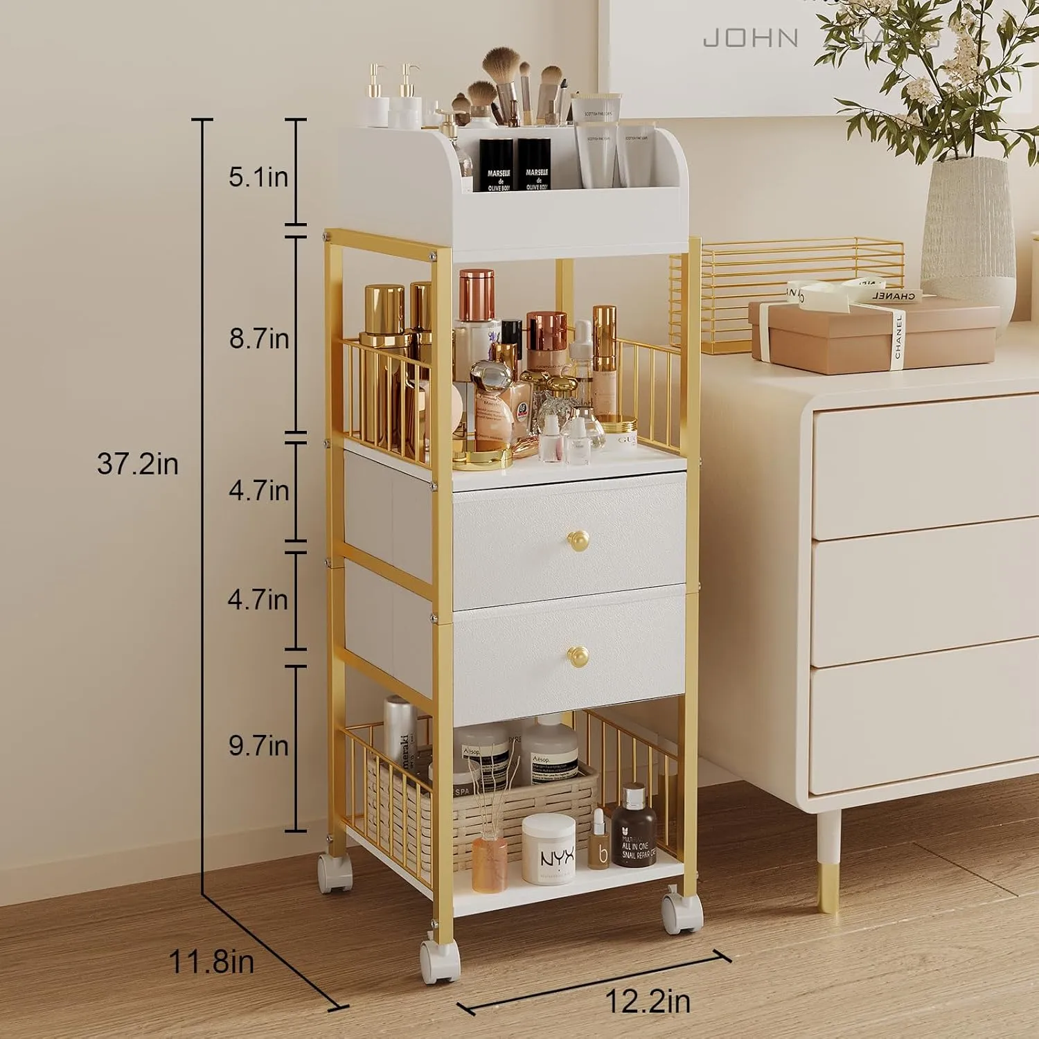 Makeup Organizer Storage Cart, Large Skincare organizers, Makeup Stand with Drawers, Makeup Vanity Organizer Cosmetics Display Cases Holder for Skin Care Nail Polish Perfume Makeup Brush (Gold)