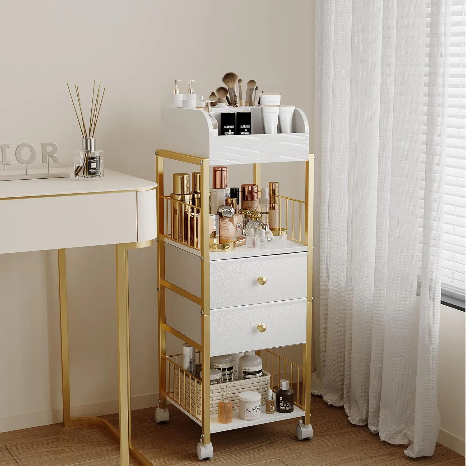 Makeup Organizer Storage Cart, Large Skincare organizers, Makeup Stand with Drawers, Makeup Vanity Organizer Cosmetics Display Cases Holder for Skin Care Nail Polish Perfume Makeup Brush (Gold)