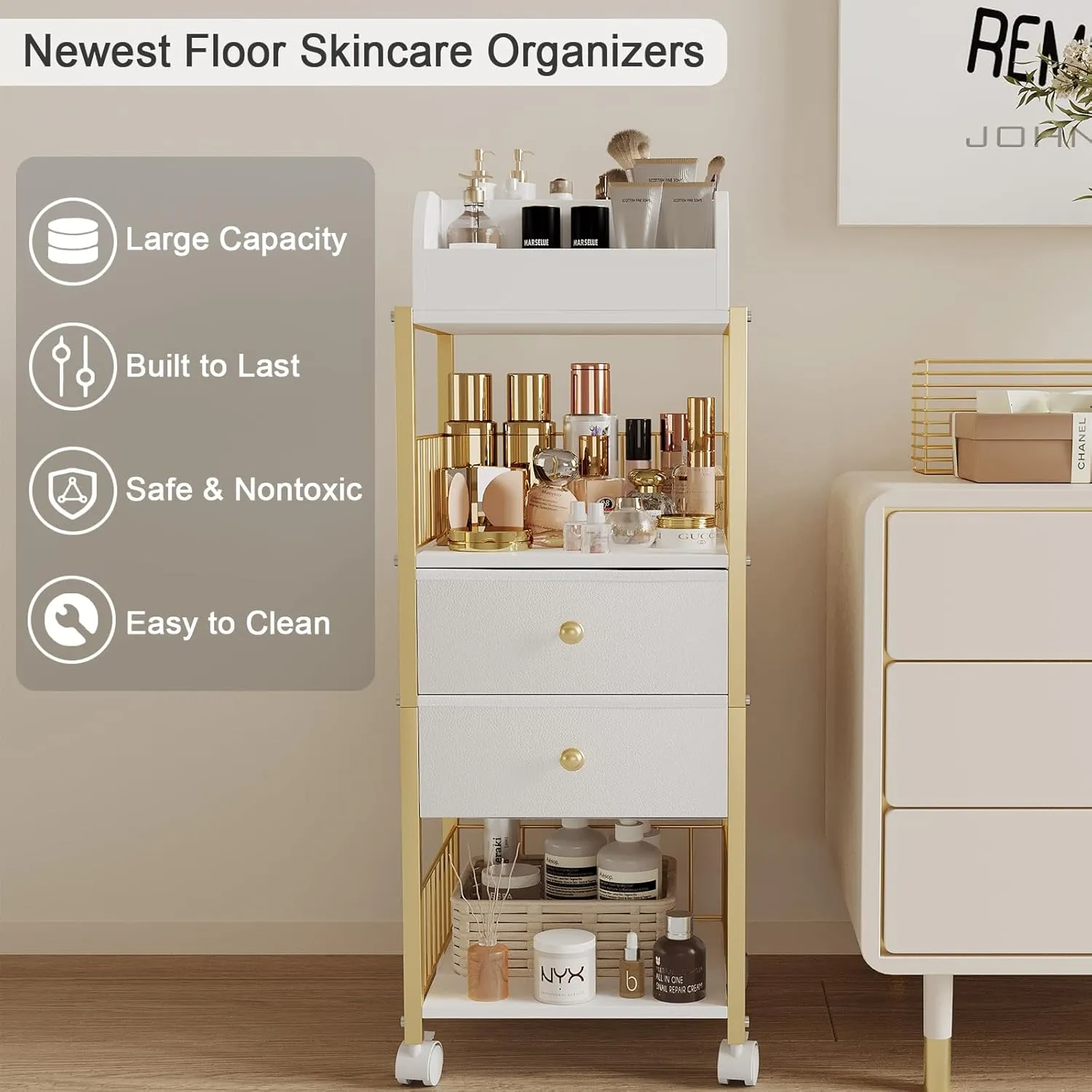 Makeup Organizer Storage Cart, Large Skincare organizers, Makeup Stand with Drawers, Makeup Vanity Organizer Cosmetics Display Cases Holder for Skin Care Nail Polish Perfume Makeup Brush (Gold)