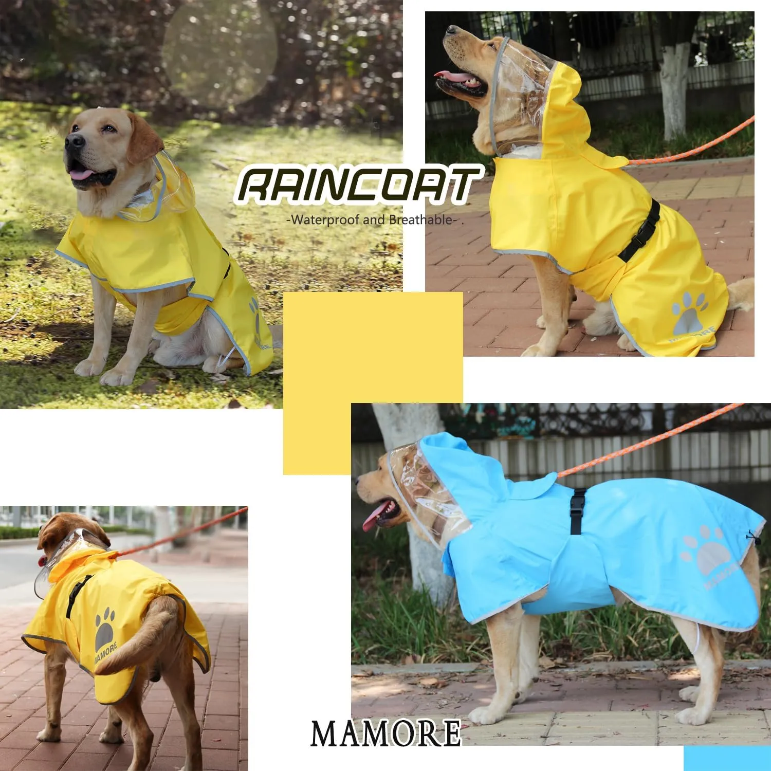 MAMORE Dog Raincoat Hooded Rain Jacket for Small Medium Large Dogs Slicker Poncho Bottom Waterproof Adjustable Reflective Breathable Leash Hole (Yellow, XX-Large)
