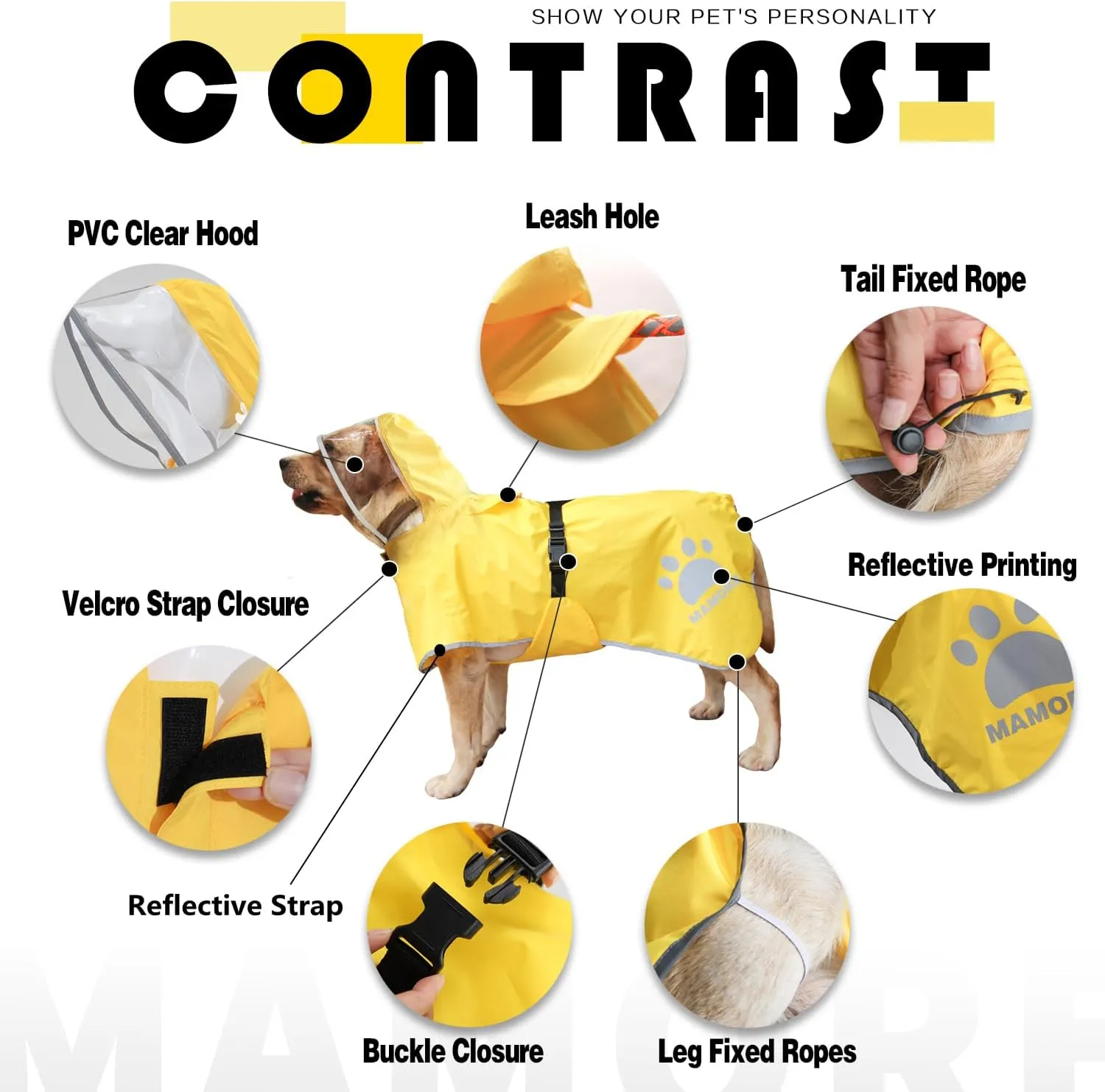 MAMORE Dog Raincoat Hooded Rain Jacket for Small Medium Large Dogs Slicker Poncho Bottom Waterproof Adjustable Reflective Breathable Leash Hole (Yellow, XX-Large)
