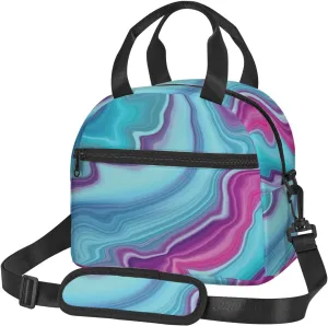 Marble,Insulated Reusable Lunch Bag with Adjustable Shoulder Strap for Adults,Abstract Color Formation Wavy,Leakproof Office Picnic Hiking Beach Tote Bag,Blue Purple,9x5x7.8in