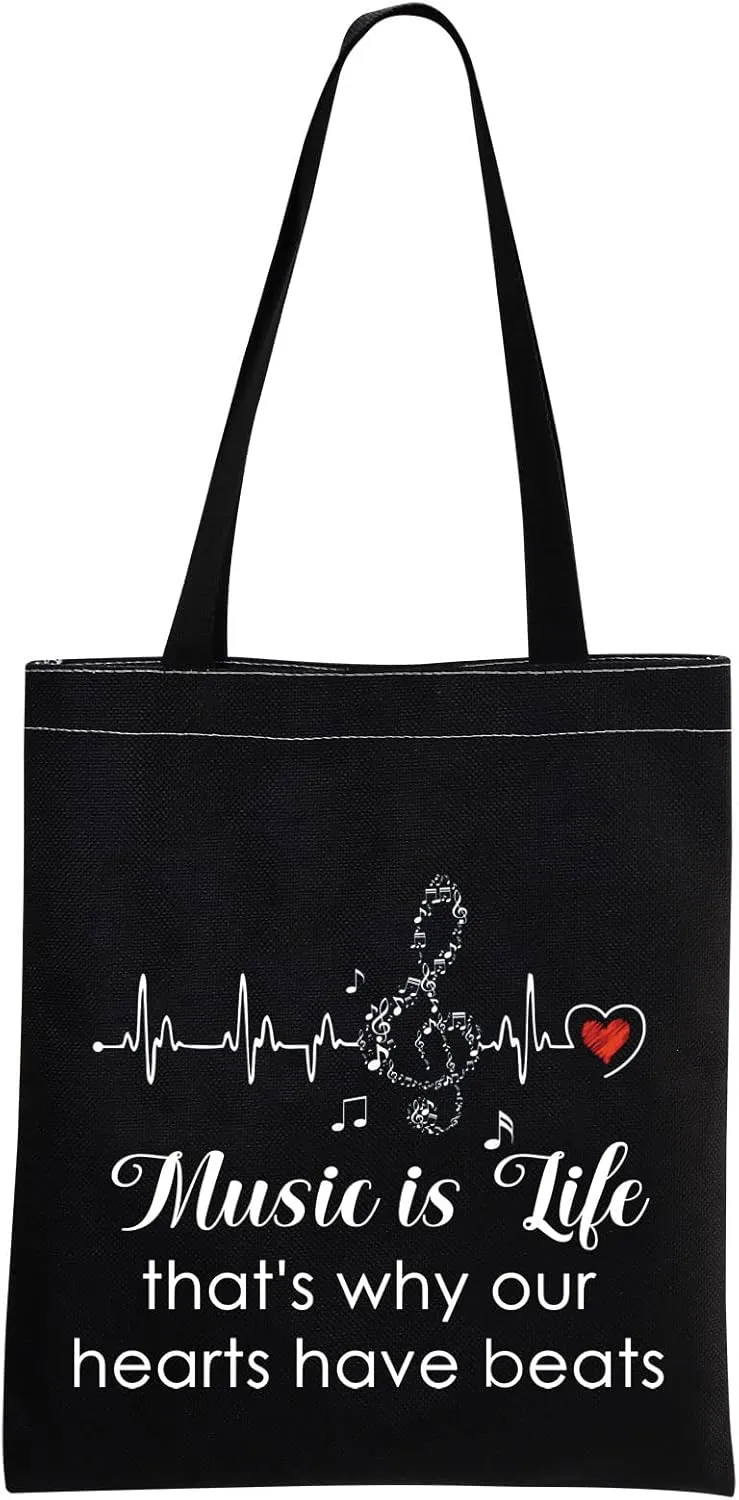 MBMSO Music Canvas Tote Bag Music Lover Bag Music Teach Musician Gift Music Is Life That’s Why Our Hearts Have Beats Bag