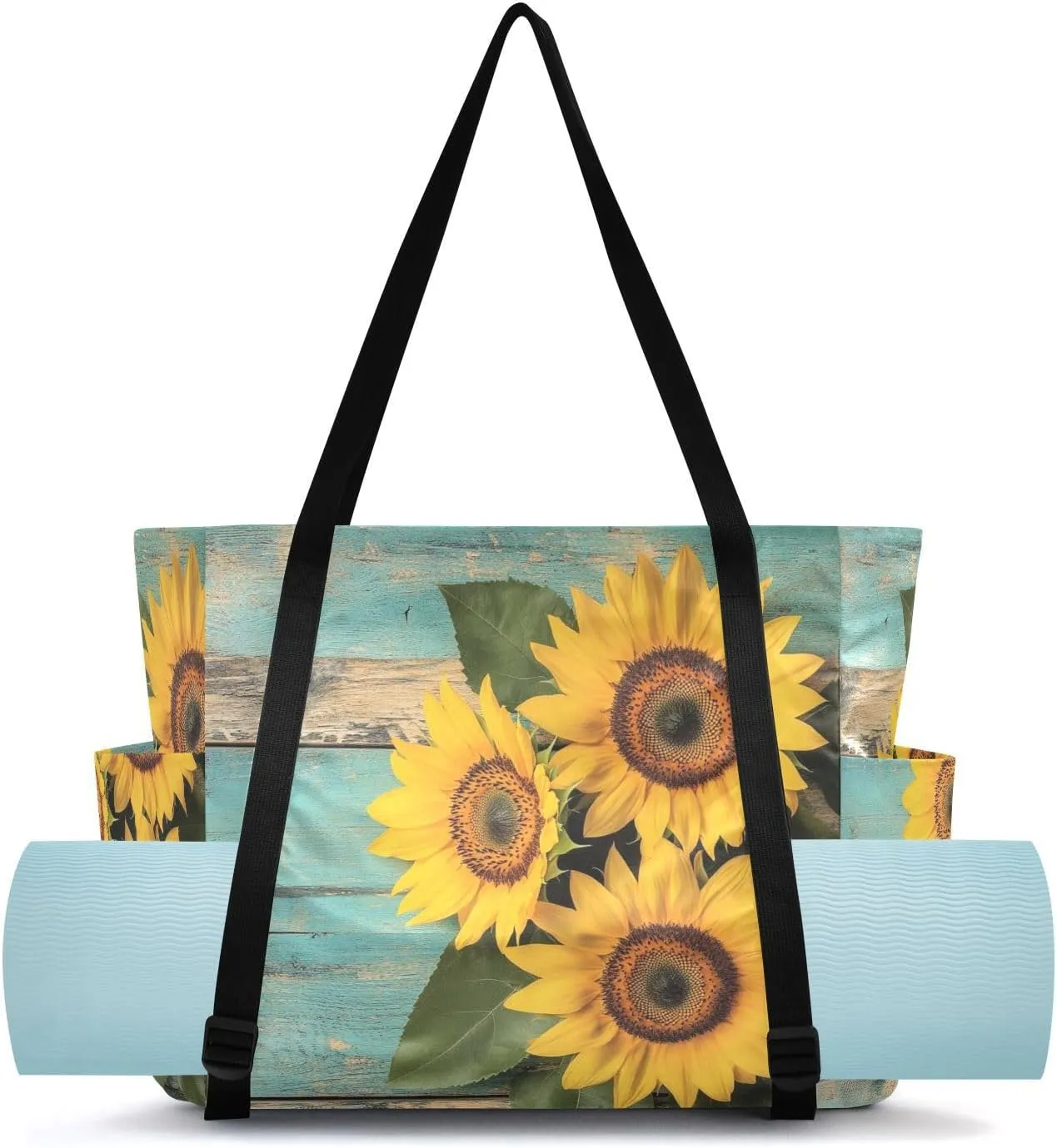 MCHIVER Sunflower Blue Farmhouse Black Yoga Bags for Women Pilates Bag with Adjustable Space for Yoga Mat Carrier for Beach Office Gym Workout Travel