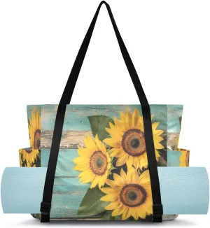 MCHIVER Sunflower Blue Farmhouse Black Yoga Bags for Women Pilates Bag with Adjustable Space for Yoga Mat Carrier for Beach Office Gym Workout Travel