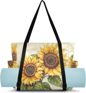MCHIVER Sunflower Green Leaf Black Yoga Bags for Women Pilates Bag with Adjustable Space for Yoga Mat Carrier for Gym Workout Travel Office