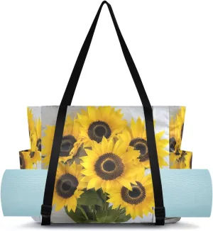 MCHIVER Sunflower Leaf White Black Yoga Bags for Women Pilates Bag with Adjustable Space for Yoga Mat Carrier for Beach Office Gym Workout Travel