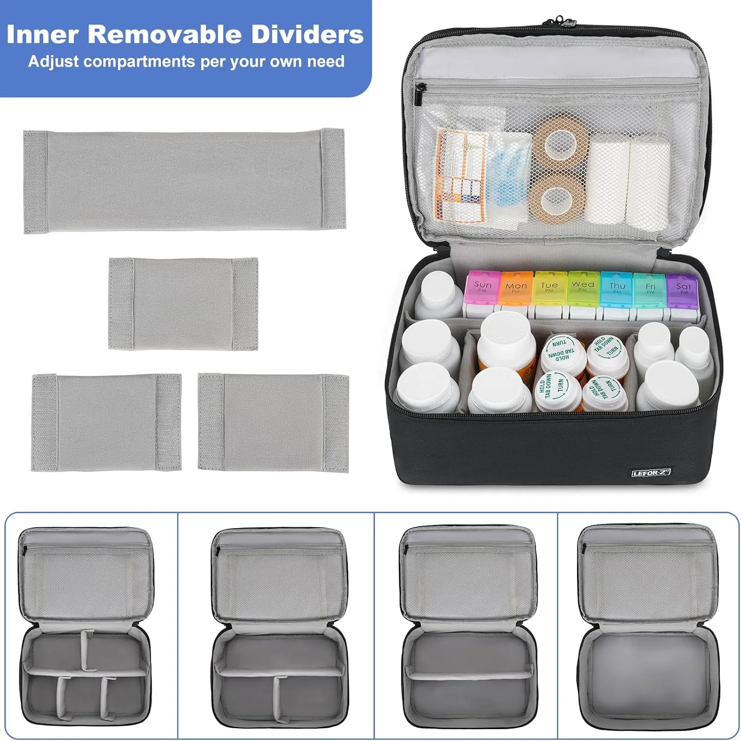 Medicine Storage Bag,Double Layers Pill Bottle Organizer Bag Empty with Lockable Zipper&Adjustable Divider,Medication Travel Carrying Bag for Pills,Vitamins,Medical Supplies