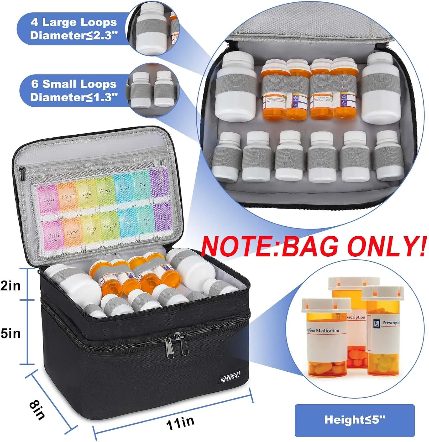 Medicine Storage Bag,Double Layers Pill Bottle Organizer Bag Empty with Lockable Zipper&Adjustable Divider,Medication Travel Carrying Bag for Pills,Vitamins,Medical Supplies