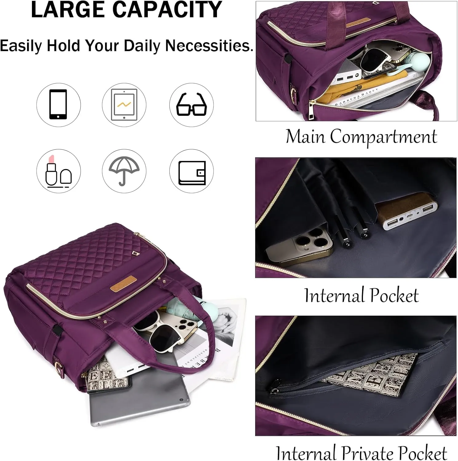 Medium Tote Bag with Multi Pockets for Women, Quilted Top Handle Purse Crossbody Shoulder Bag Handbag