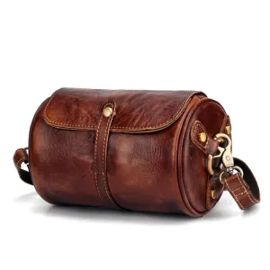 Men's CrossBody Barrel-Shaped Bag Small Retro Designer Brush Color Genuine Leather Single Messenger Shoulder Bags