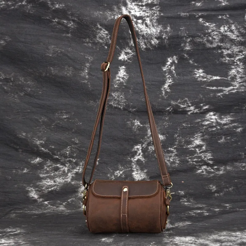 Men's CrossBody Barrel-Shaped Bag Small Retro Designer Brush Color Genuine Leather Single Messenger Shoulder Bags