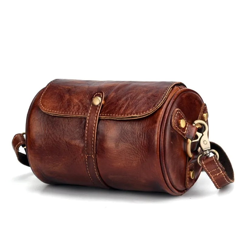 Men's CrossBody Barrel-Shaped Bag Small Retro Designer Brush Color Genuine Leather Single Messenger Shoulder Bags
