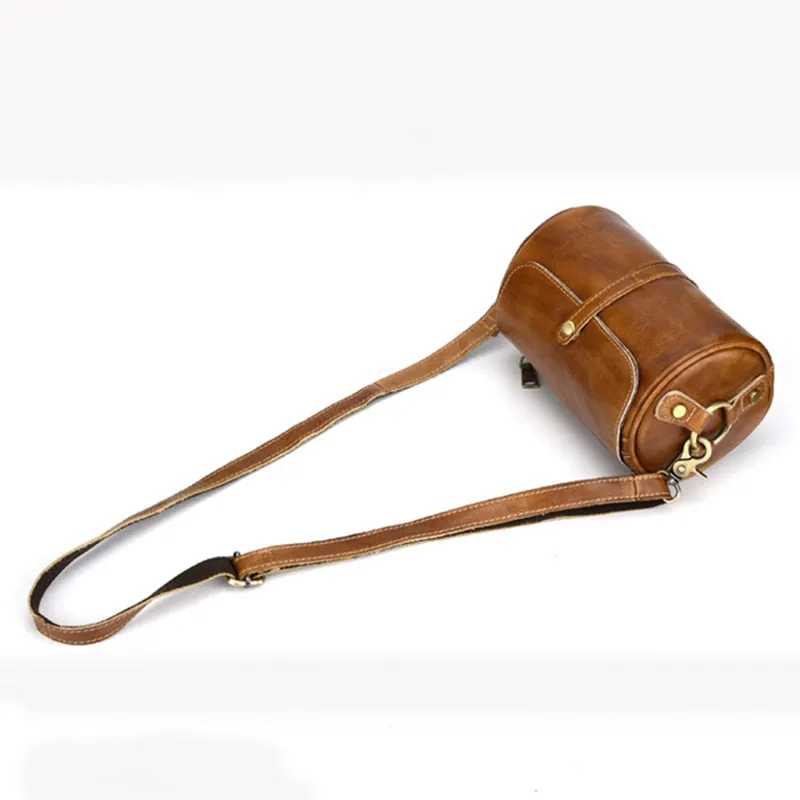 Men's CrossBody Barrel-Shaped Bag Small Retro Designer Brush Color Genuine Leather Single Messenger Shoulder Bags