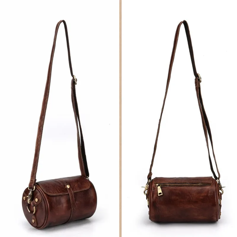 Men's CrossBody Barrel-Shaped Bag Small Retro Designer Brush Color Genuine Leather Single Messenger Shoulder Bags
