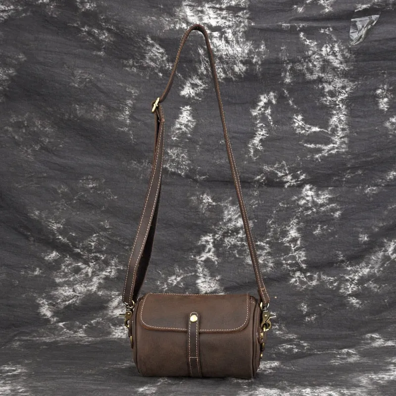 Men's CrossBody Barrel-Shaped Bag Small Retro Designer Brush Color Genuine Leather Single Messenger Shoulder Bags