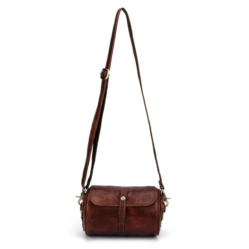 Men's CrossBody Barrel-Shaped Bag Small Retro Designer Brush Color Genuine Leather Single Messenger Shoulder Bags