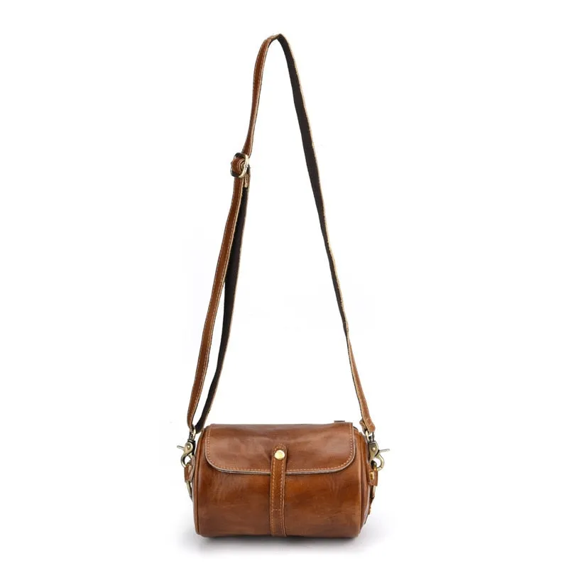 Men's CrossBody Barrel-Shaped Bag Small Retro Designer Brush Color Genuine Leather Single Messenger Shoulder Bags