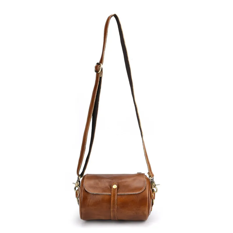 Men's CrossBody Barrel-Shaped Bag Small Retro Designer Brush Color Genuine Leather Single Messenger Shoulder Bags