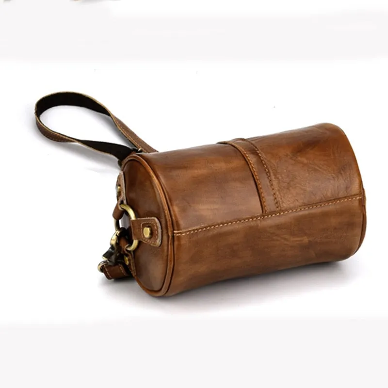 Men's CrossBody Barrel-Shaped Bag Small Retro Designer Brush Color Genuine Leather Single Messenger Shoulder Bags