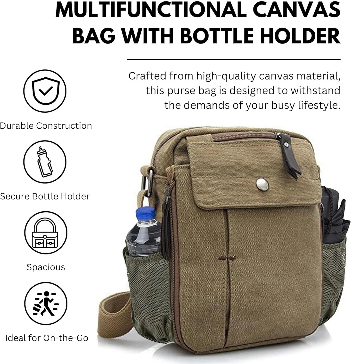 Men's Multifunctional Canvas Crossbody Bag Chest Bag Travel Carry Bag with Bottle Holder