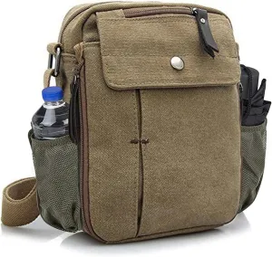 Men's Multifunctional Canvas Crossbody Bag Chest Bag Travel Carry Bag with Bottle Holder