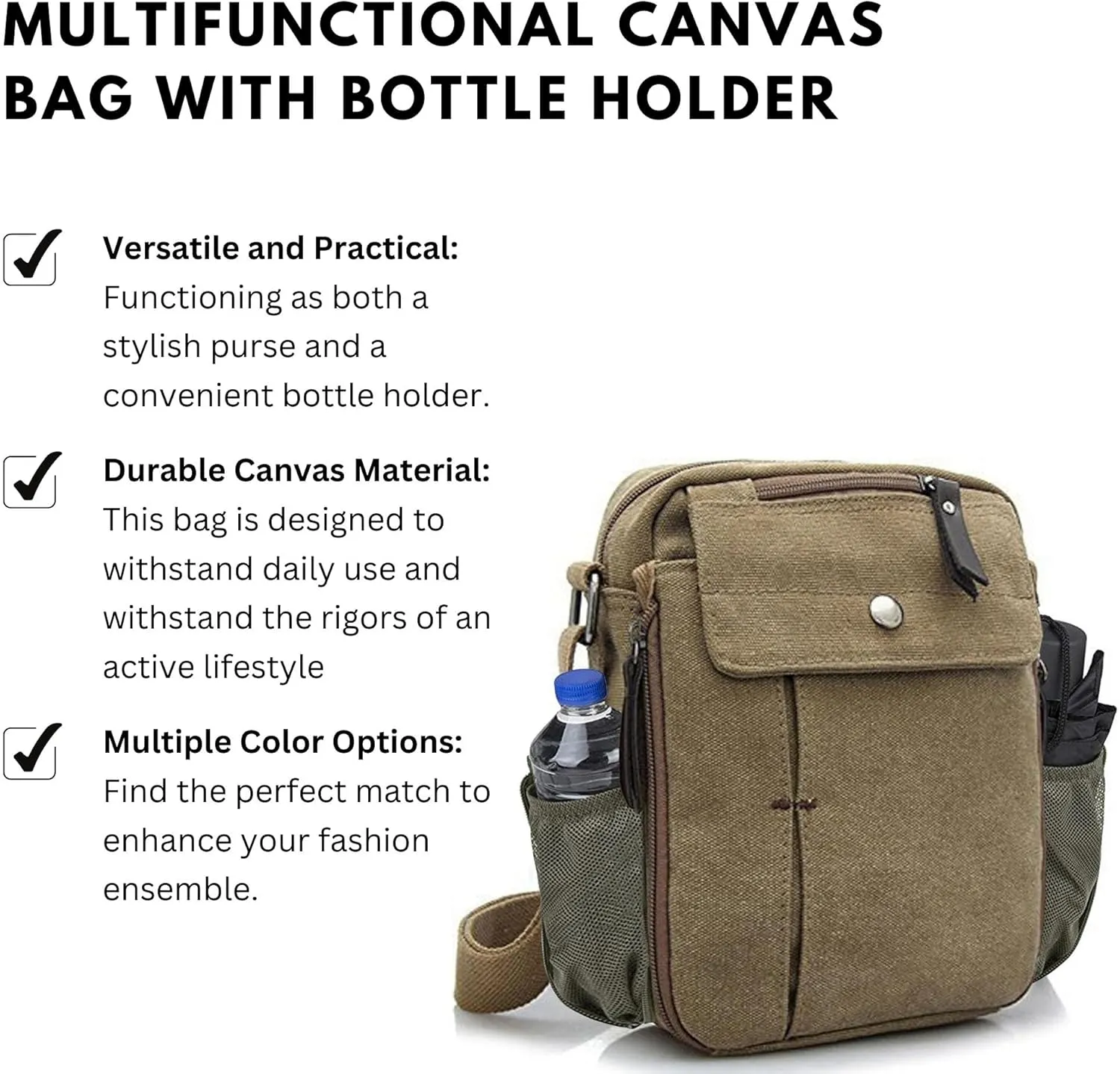 Men's Multifunctional Canvas Crossbody Bag Chest Bag Travel Carry Bag with Bottle Holder