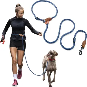 Mile High Life Hands Free Dog Leash, Crossbody Waist Leash with Genuine Leather Connection, Multifunctional Adjustable Slip Lead for Dog Walking Running (Blue, 8FT)