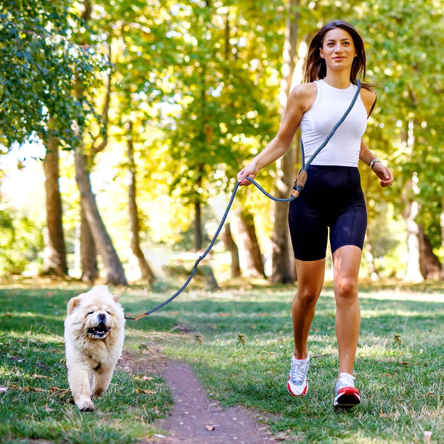 Mile High Life Hands Free Dog Leash, Crossbody Waist Leash with Genuine Leather Connection, Multifunctional Adjustable Slip Lead for Dog Walking Running (Blue, 8FT)