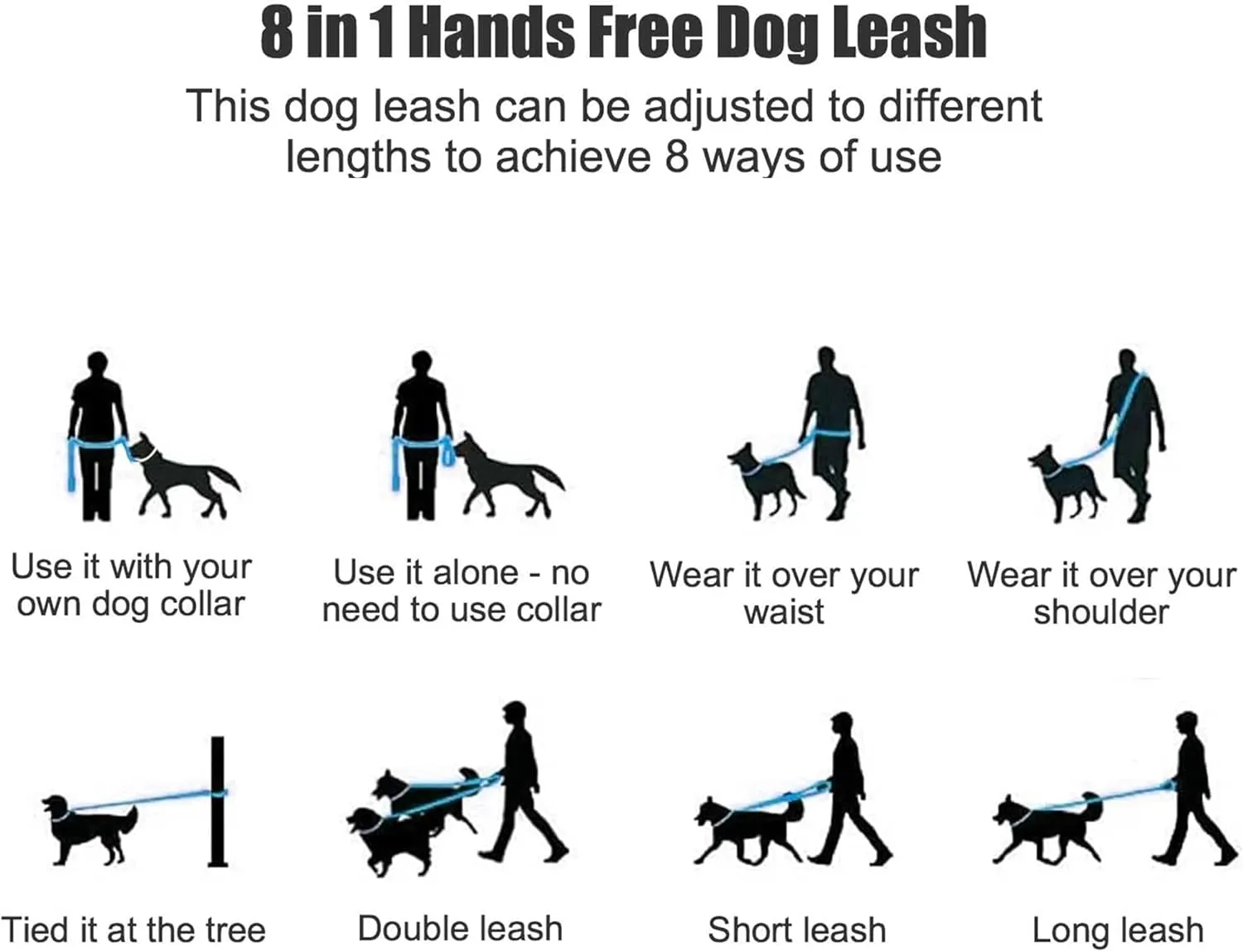 Mile High Life Hands Free Dog Leash, Crossbody Waist Leash with Genuine Leather Connection, Multifunctional Adjustable Slip Lead for Dog Walking Running (Blue, 8FT)