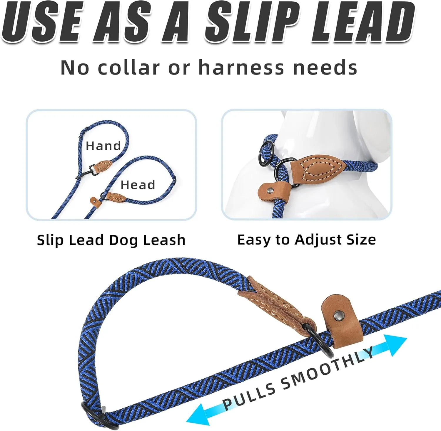 Mile High Life Hands Free Dog Leash, Crossbody Waist Leash with Genuine Leather Connection, Multifunctional Adjustable Slip Lead for Dog Walking Running (Blue, 8FT)