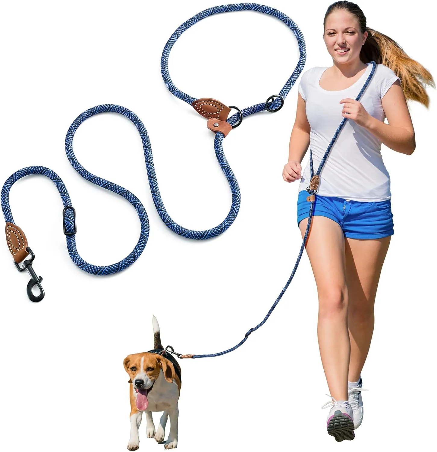 Mile High Life Hands Free Dog Leash, Crossbody Waist Leash with Genuine Leather Connection, Multifunctional Adjustable Slip Lead for Dog Walking Running (Blue, 8FT)
