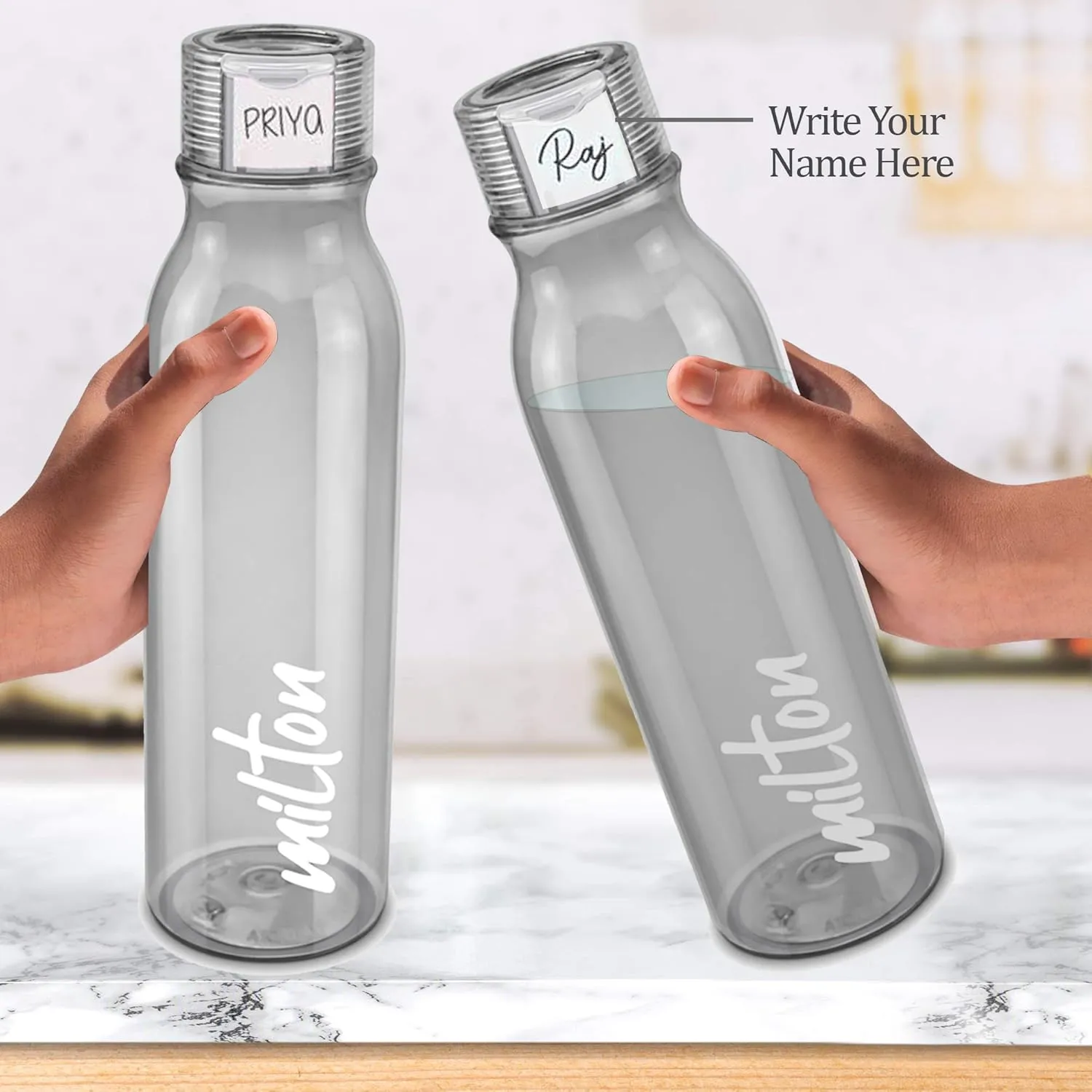 MILTON Name Tag Pet Water Bottle, Set of 2, 1 Litre Each, Grey | BPA Free | 100% Leak Proof | Office, Gym, School, Picnic, Car, Hiking, Trekking, Day-trips Bottle