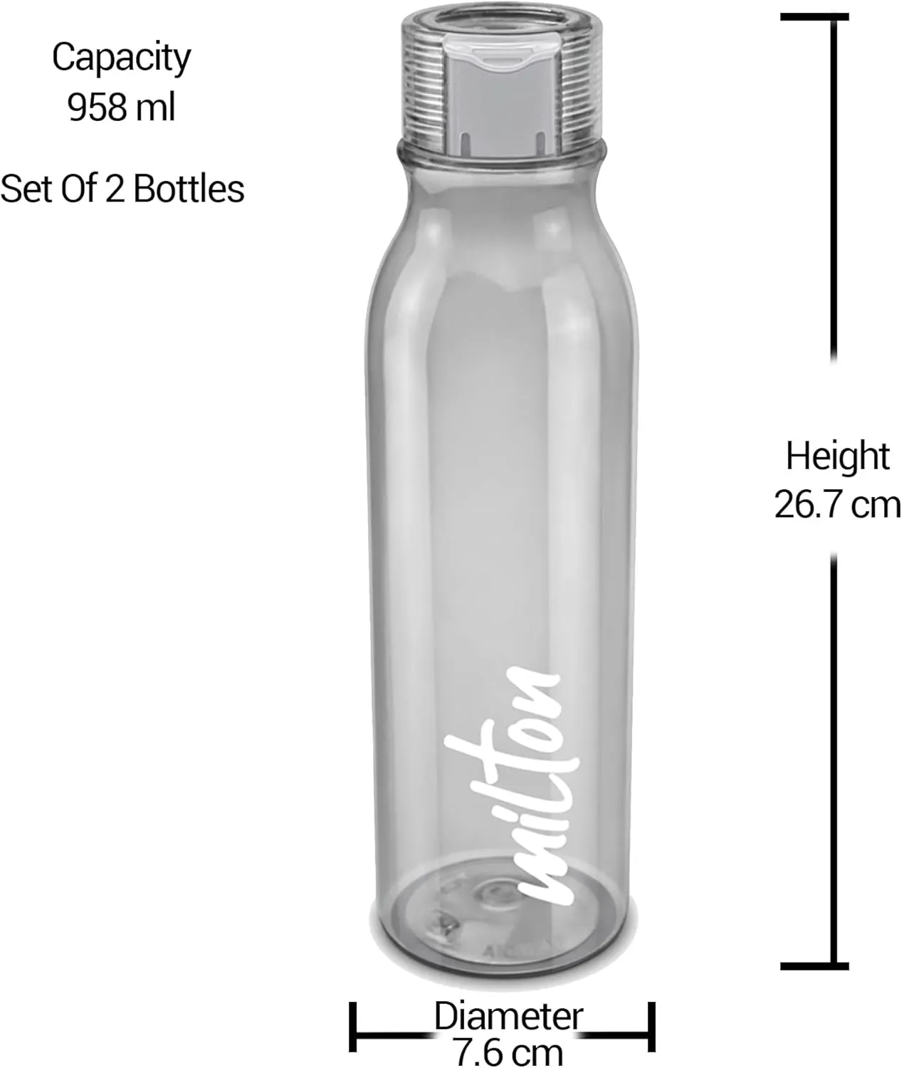 MILTON Name Tag Pet Water Bottle, Set of 2, 1 Litre Each, Grey | BPA Free | 100% Leak Proof | Office, Gym, School, Picnic, Car, Hiking, Trekking, Day-trips Bottle