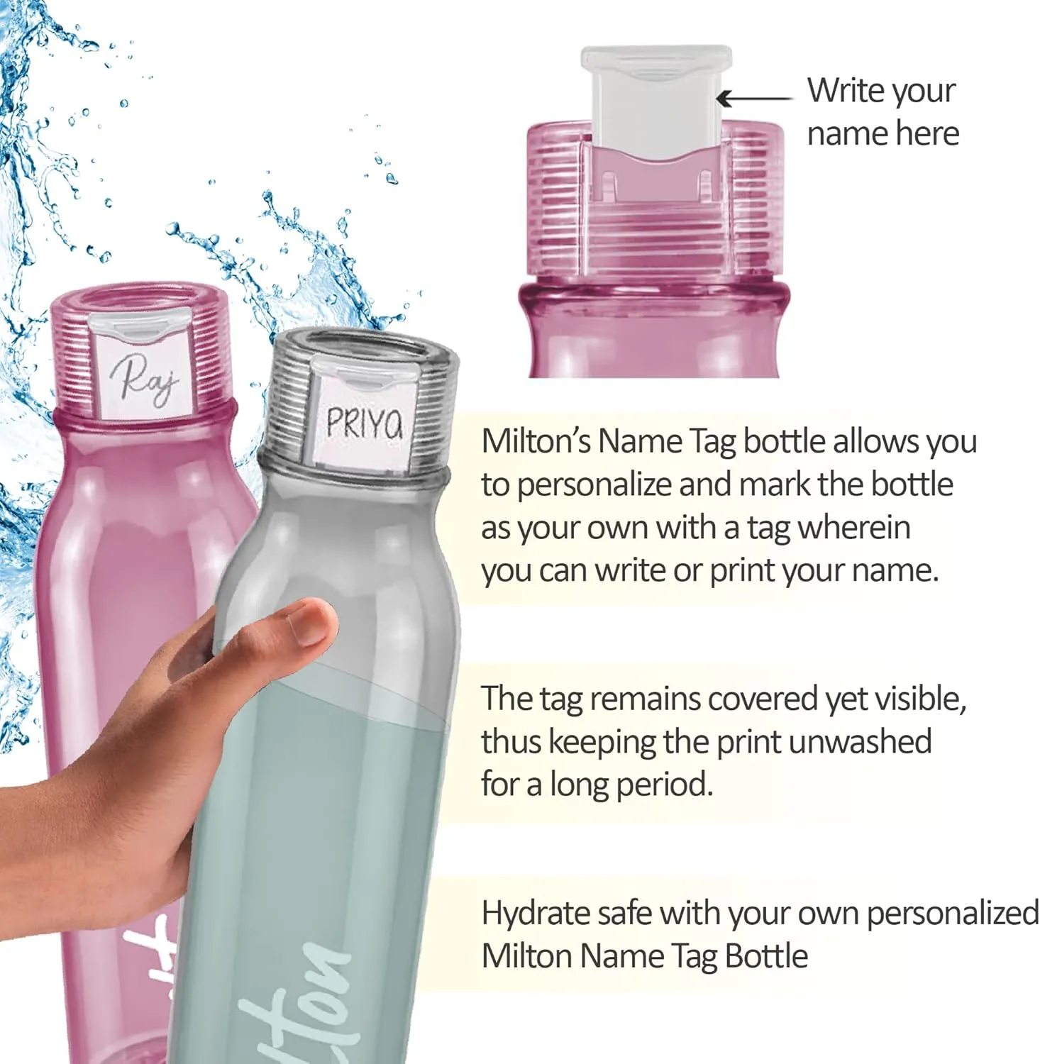 MILTON Name Tag Pet Water Bottle, Set of 2, 1 Litre Each, Grey | BPA Free | 100% Leak Proof | Office, Gym, School, Picnic, Car, Hiking, Trekking, Day-trips Bottle