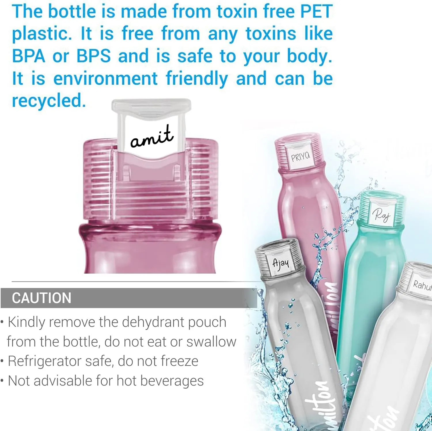 MILTON Name Tag Pet Water Bottle, Set of 2, 1 Litre Each, Grey | BPA Free | 100% Leak Proof | Office, Gym, School, Picnic, Car, Hiking, Trekking, Day-trips Bottle