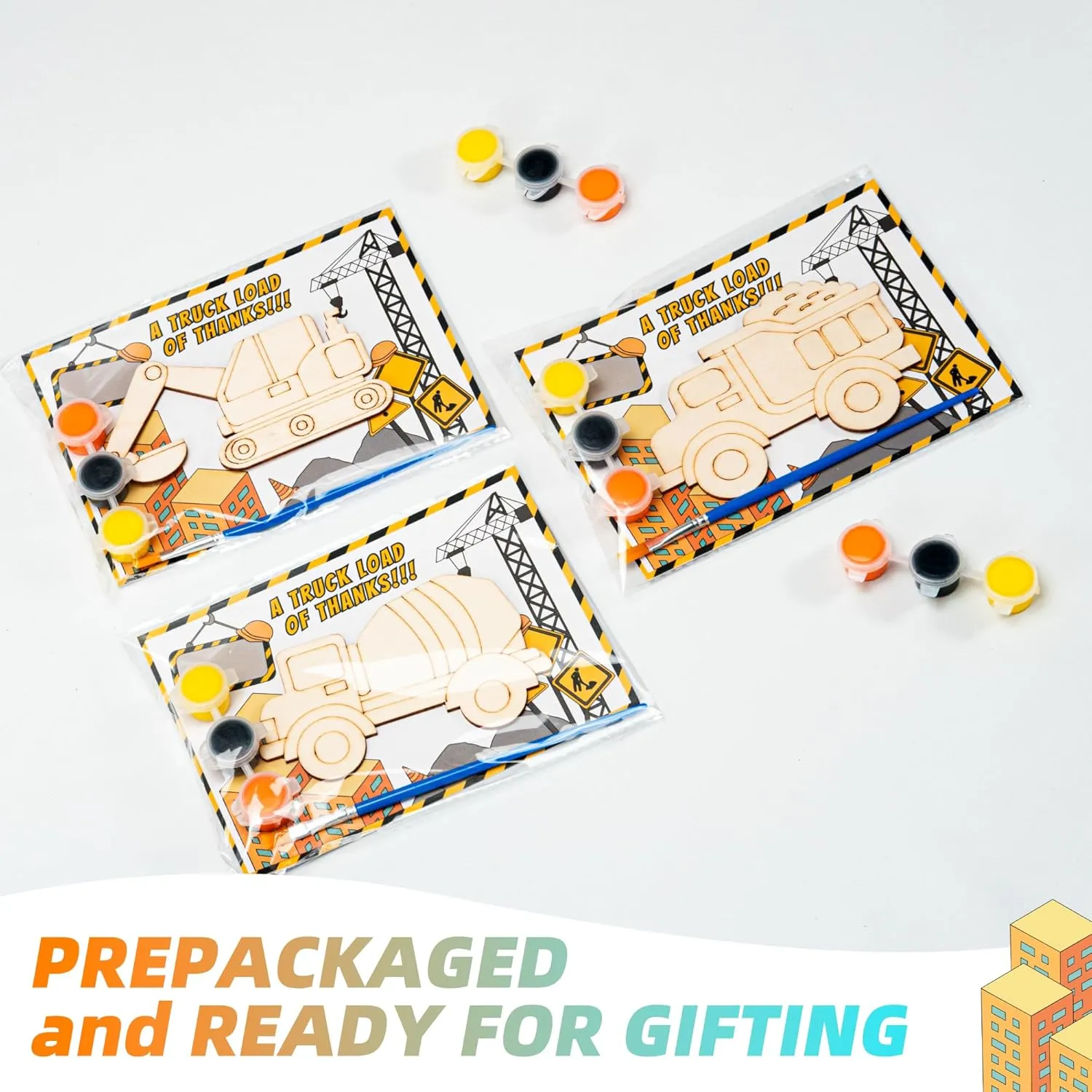 Minimalistx Construction Party Favors. 12 Sets of Pre-Packaged Wooden Truck Painting kit-Includes Paints, Brush, Wooden Truck and Personalized Card. Perfect Birthday Party Favors and Loot Bags