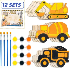 Minimalistx Construction Party Favors. 12 Sets of Pre-Packaged Wooden Truck Painting kit-Includes Paints, Brush, Wooden Truck and Personalized Card. Perfect Birthday Party Favors and Loot Bags