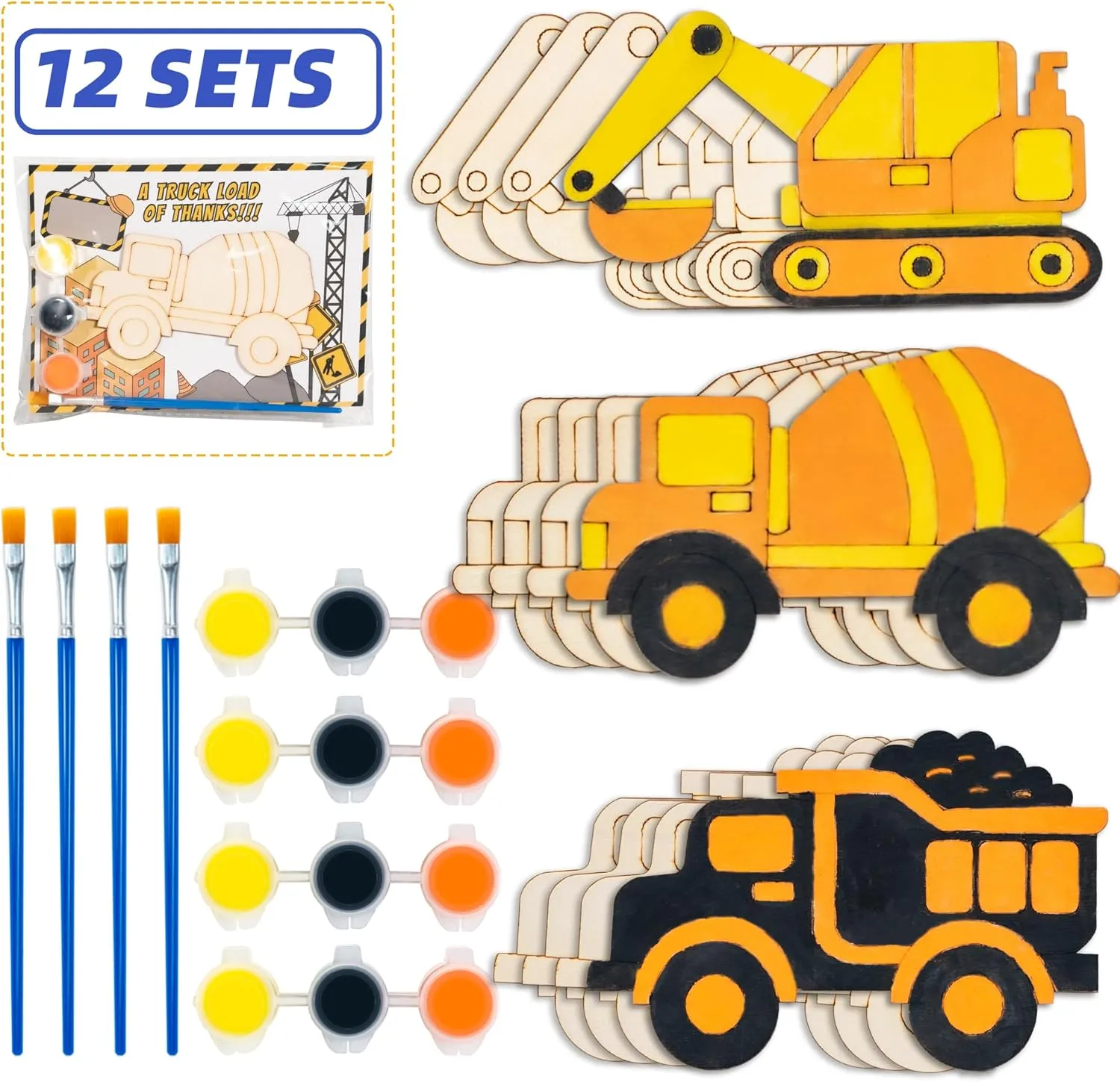 Minimalistx Construction Party Favors. 12 Sets of Pre-Packaged Wooden Truck Painting kit-Includes Paints, Brush, Wooden Truck and Personalized Card. Perfect Birthday Party Favors and Loot Bags