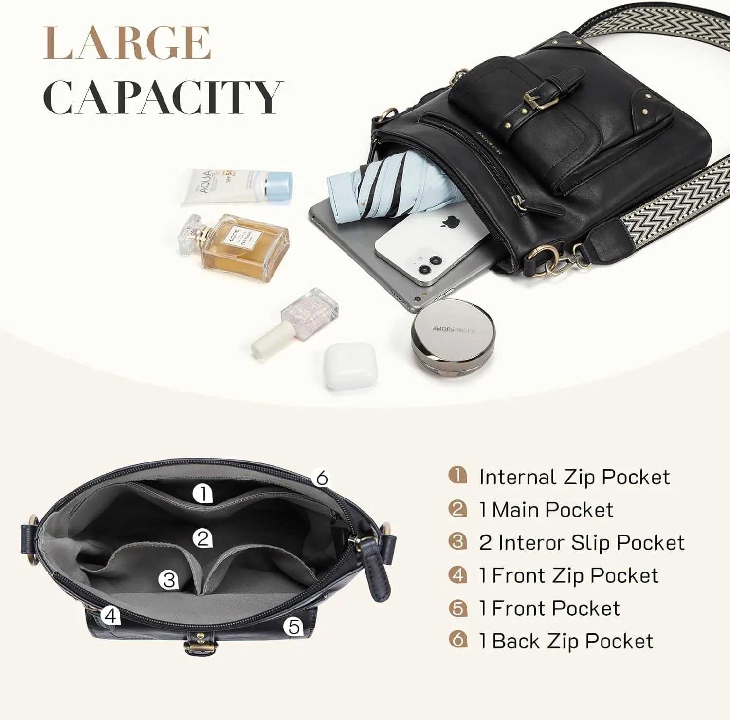 Missnine Crossbody Bags for Women Multi Pocket Purses Soft Leather Medium Shoulder Handbags with Adjustable Strap
