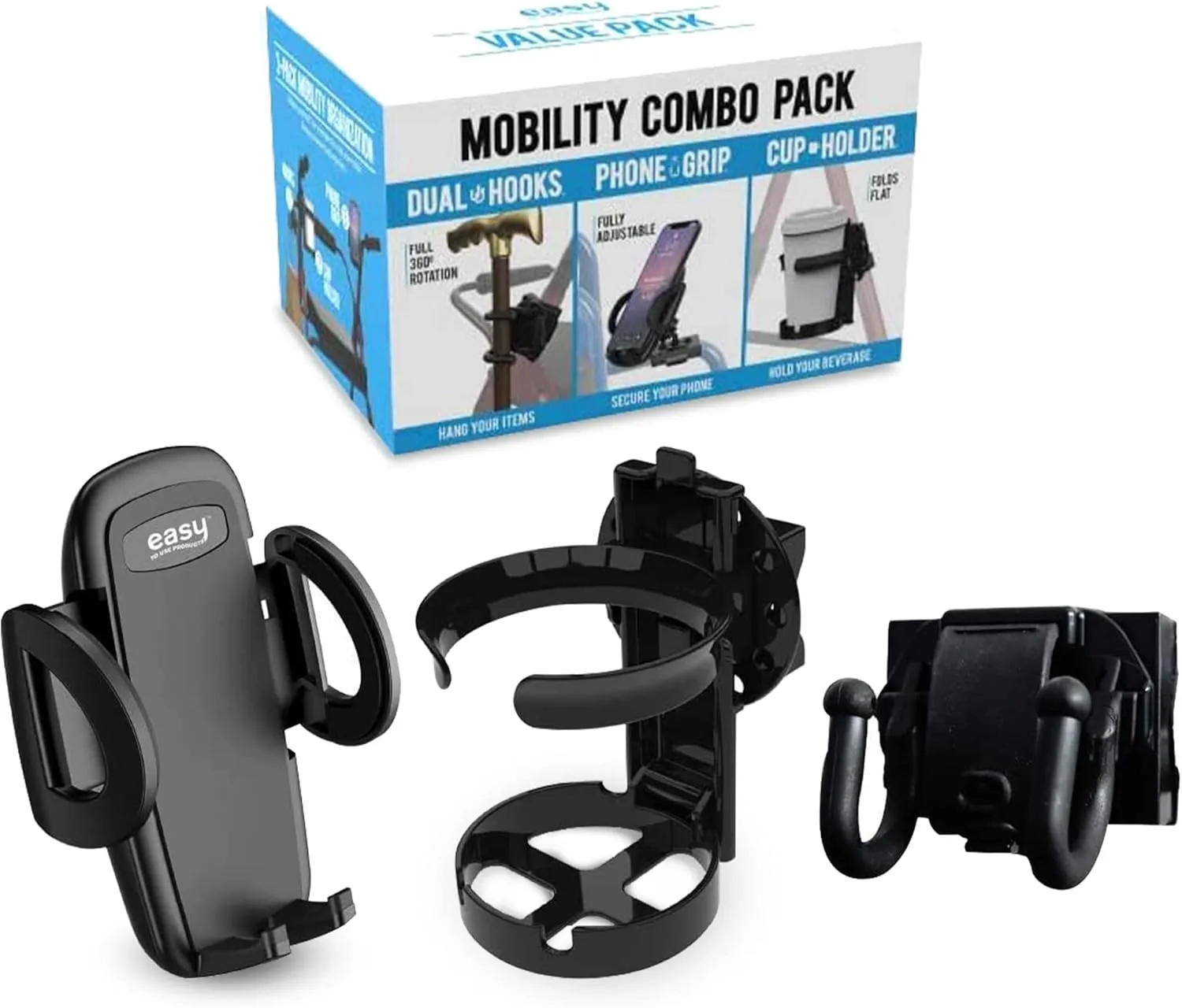 Mobility Combo Pack, Hook, Phone and Cup Holder for Walker, Portable Beverage Holder for Wheelchair and Strollers, Easy to Install Stretch Strap Fits up to 2” Diameter