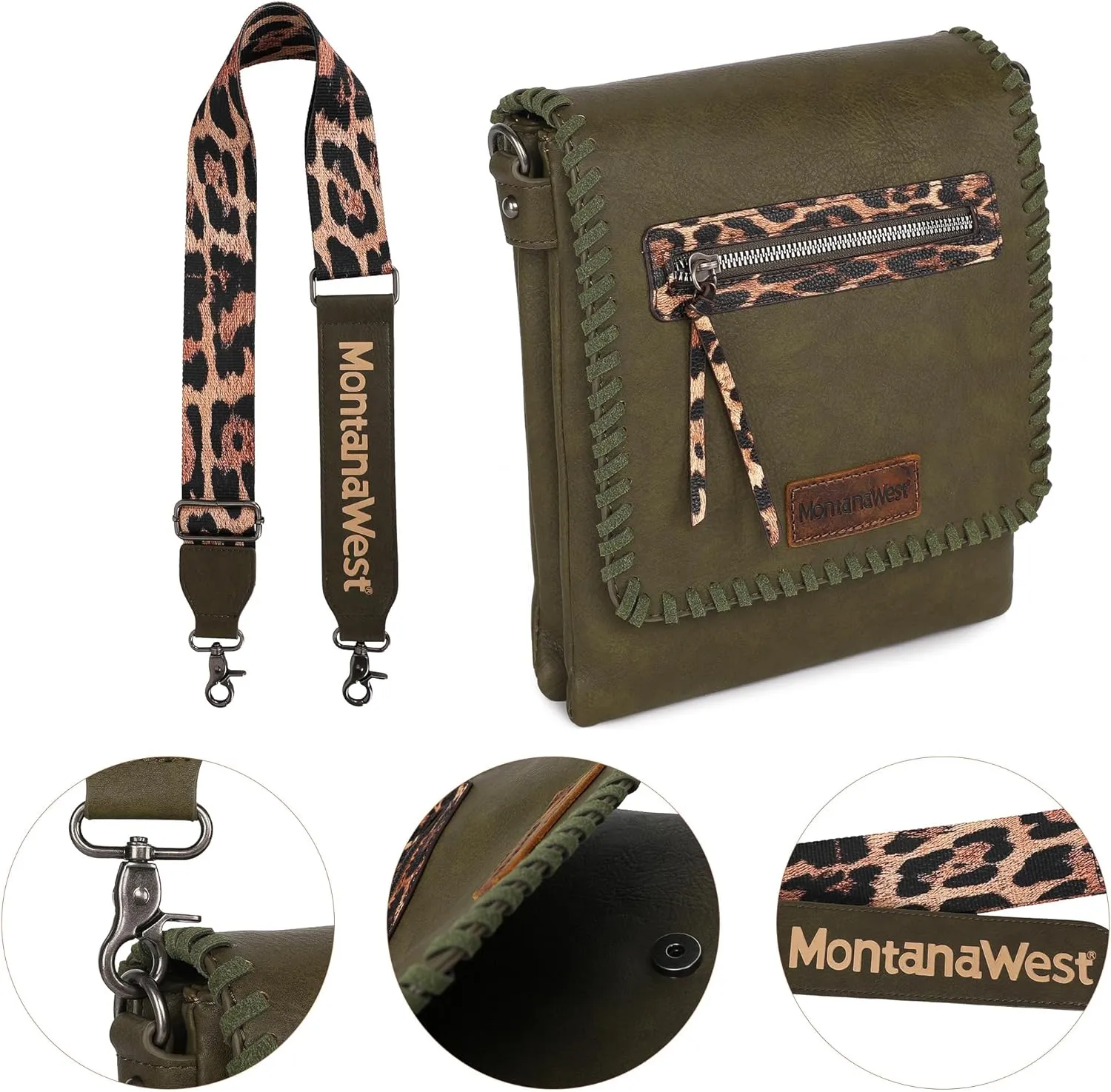 Montana West Crossbody Bags for Women with Dual Compartments Western Cross Body Purse with Leopard Print Guitar Strap