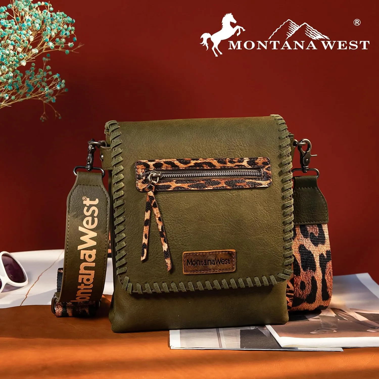 Montana West Crossbody Bags for Women with Dual Compartments Western Cross Body Purse with Leopard Print Guitar Strap