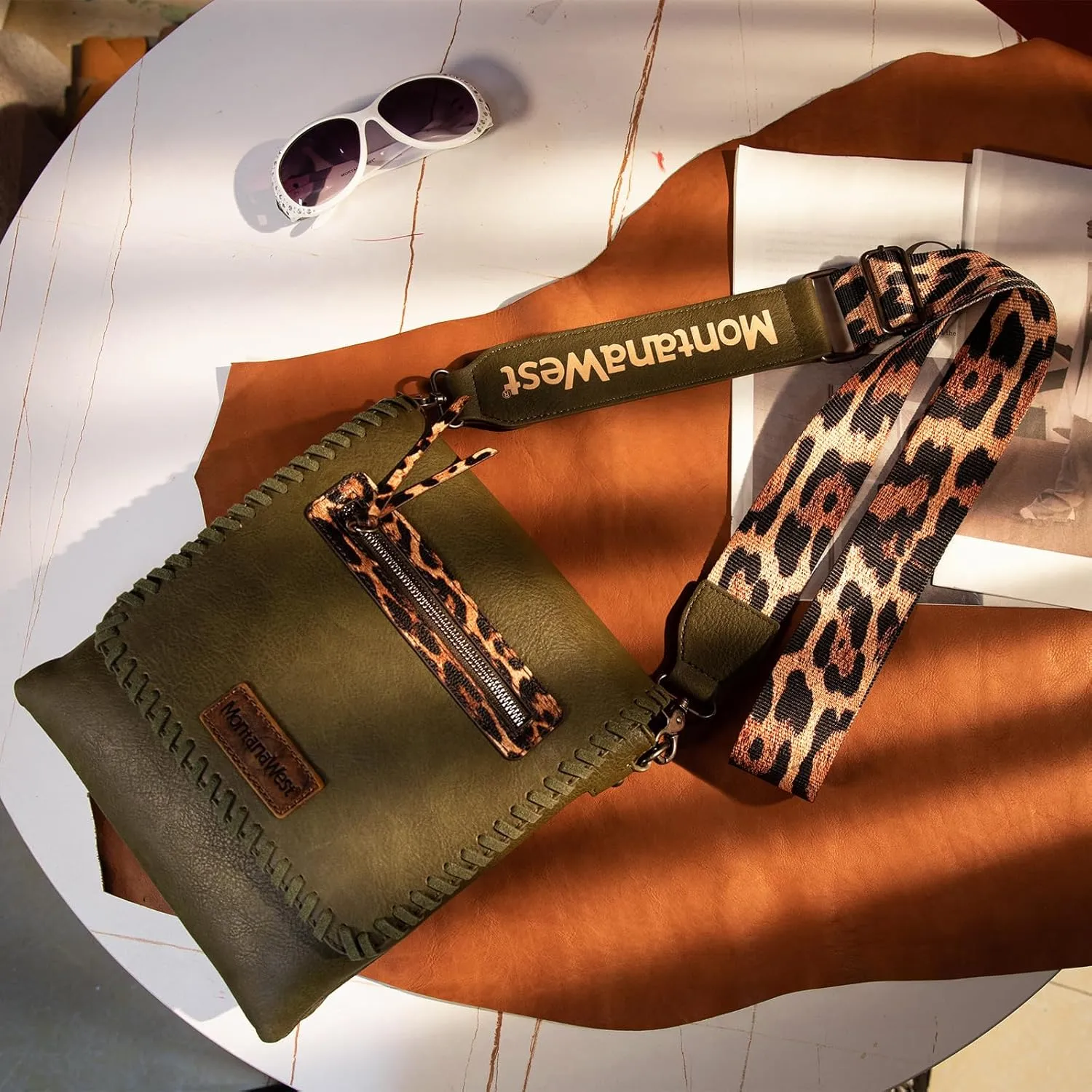 Montana West Crossbody Bags for Women with Dual Compartments Western Cross Body Purse with Leopard Print Guitar Strap