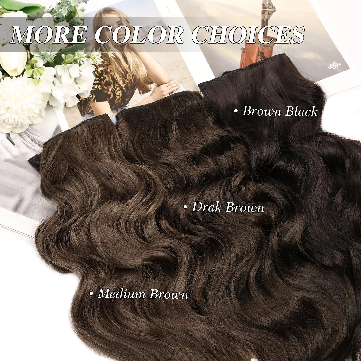 MORICA Invisible Wire Hair Extensions - 14 Inch Dark Brown Long Wavy Synthetic Hairpiece with Transparent Wire Adjustable Size, 4 Secure Clips for Women(Dark Brown,14Inch)