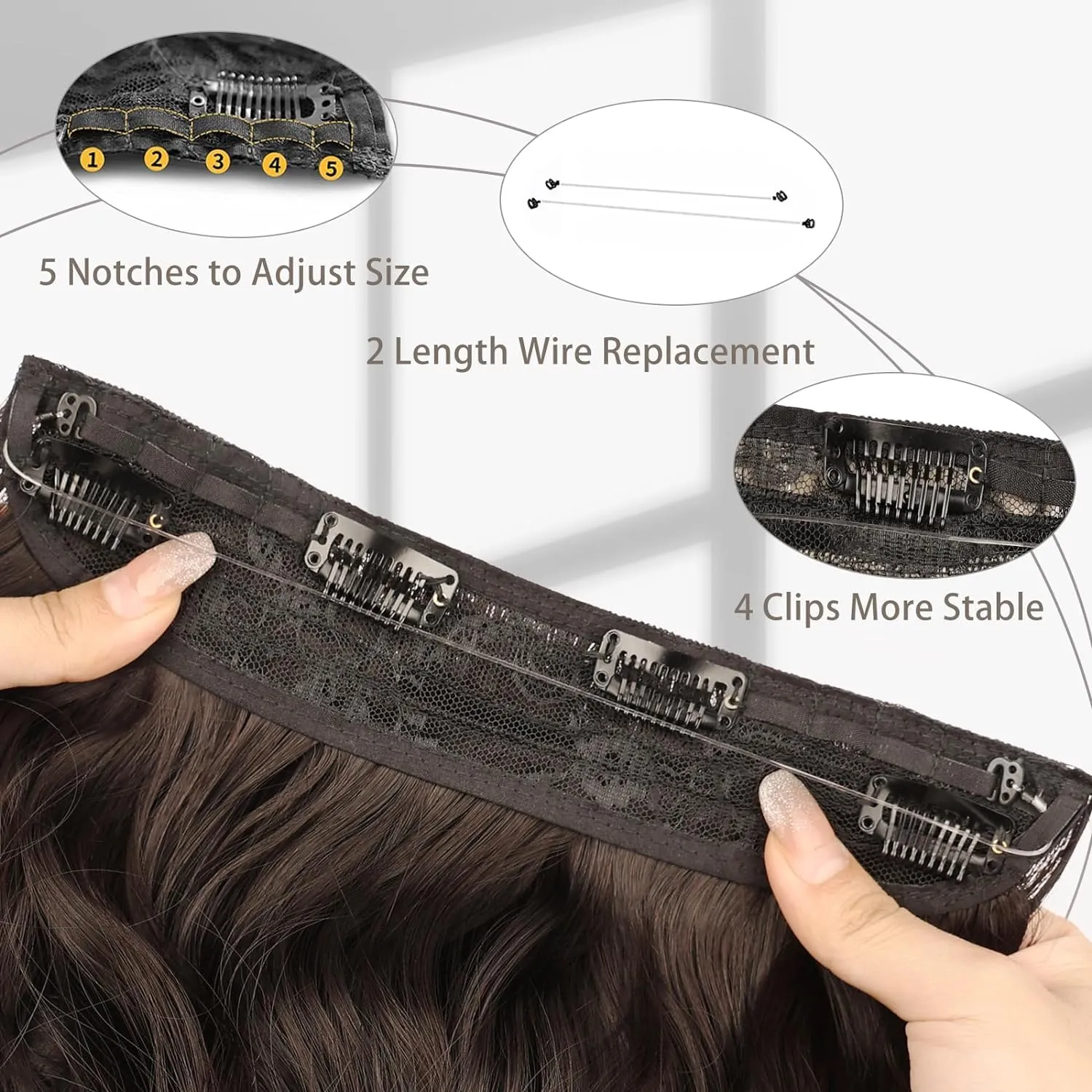 MORICA Invisible Wire Hair Extensions - 14 Inch Dark Brown Long Wavy Synthetic Hairpiece with Transparent Wire Adjustable Size, 4 Secure Clips for Women(Dark Brown,14Inch)