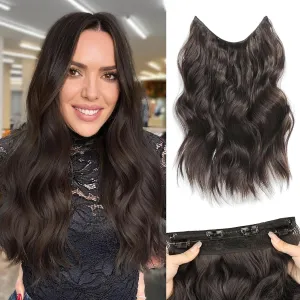 MORICA Invisible Wire Hair Extensions - 14 Inch Dark Brown Long Wavy Synthetic Hairpiece with Transparent Wire Adjustable Size, 4 Secure Clips for Women(Dark Brown,14Inch)